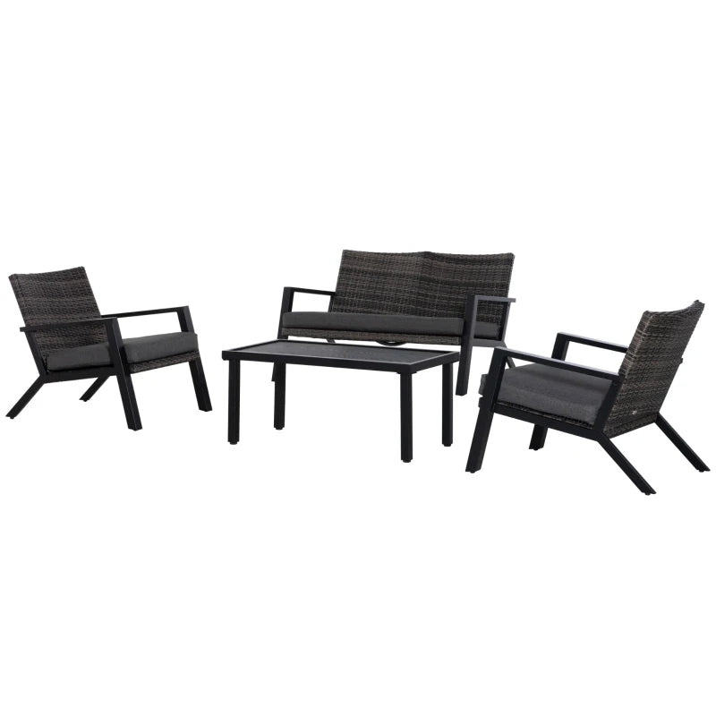 Outsunny 4-Piece Patio Furniture Sets Outdoor Wicker Conversation Set PE Rattan Sectional sofa set with Tempered Glass Coffee Table and Cushions for Backyard and Garden, Grey