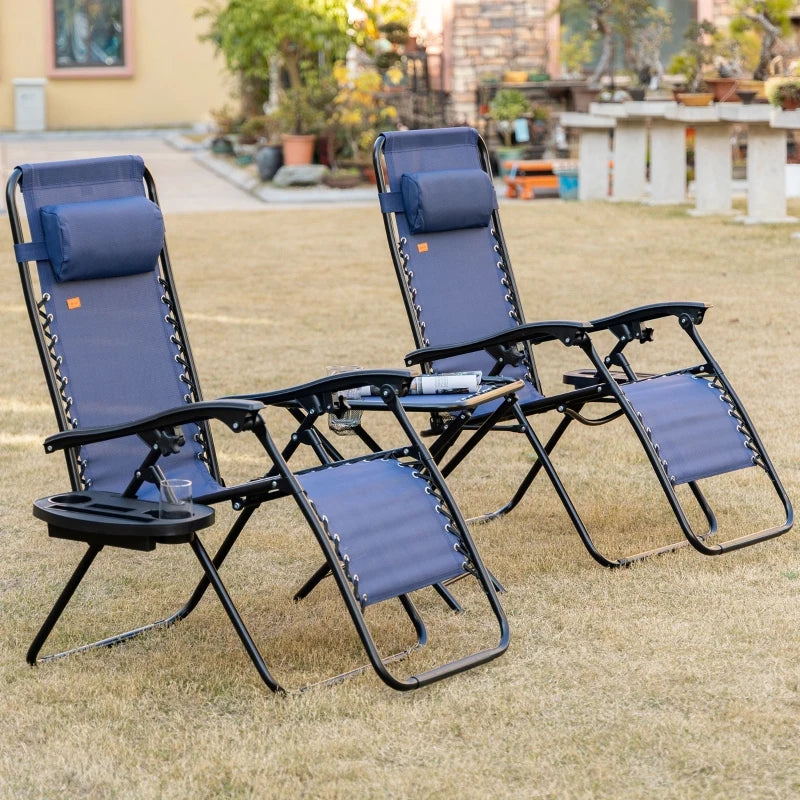 Outsunny Zero Gravity Chairs Set of 2 with Folding Table & Cup Holder Trays, Reclining Chaise Lounge Pool, Camping & Patio Chairs, Pillows, Blue