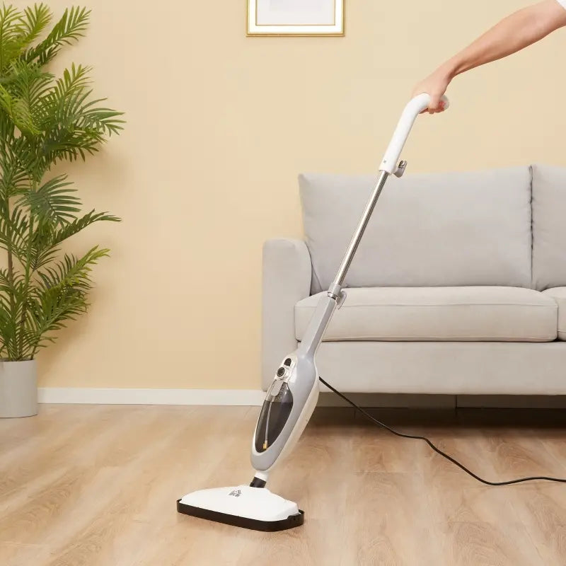 HOMCOM Steam Mop Cleaner for Laminate, Hardwood, Tiles and Carpet, 10–In-1 Multi-Purpose Floor Steamer for Kitchen, White/Grey