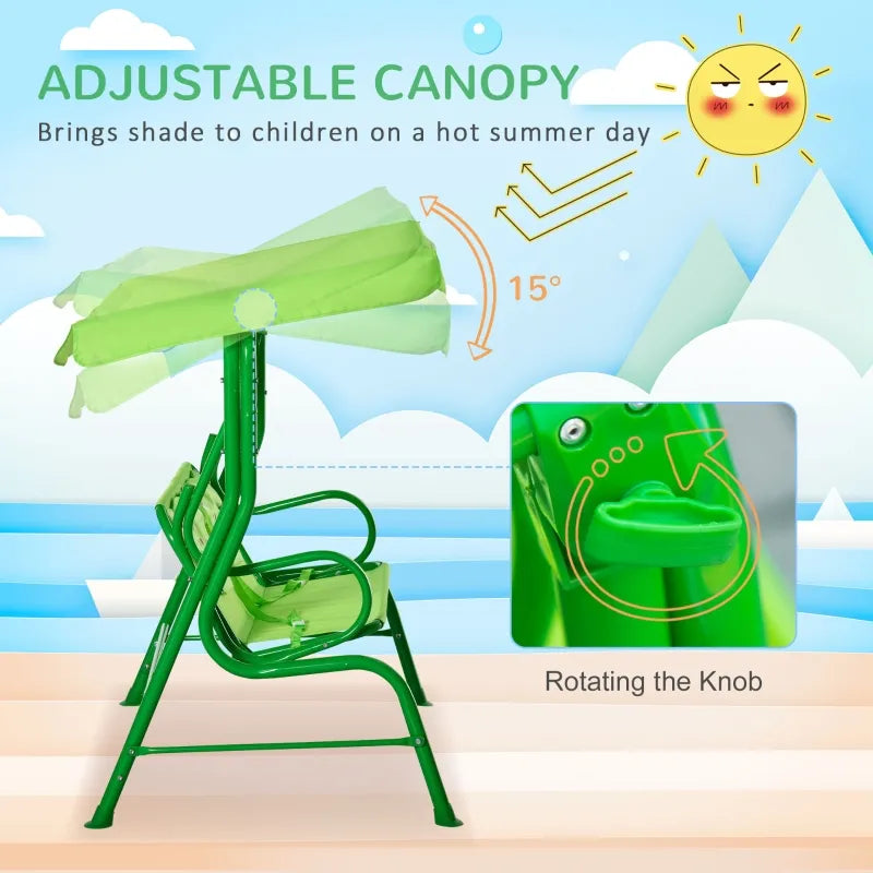 Outsunny Kids Patio Swing Chair, Children Outdoor 2-Seat Porch Bench Toddler Glider for Garden Backyard with Adjustable Canopy, Seat Belt, Frog Pattern for 3-6 Years Old, Green