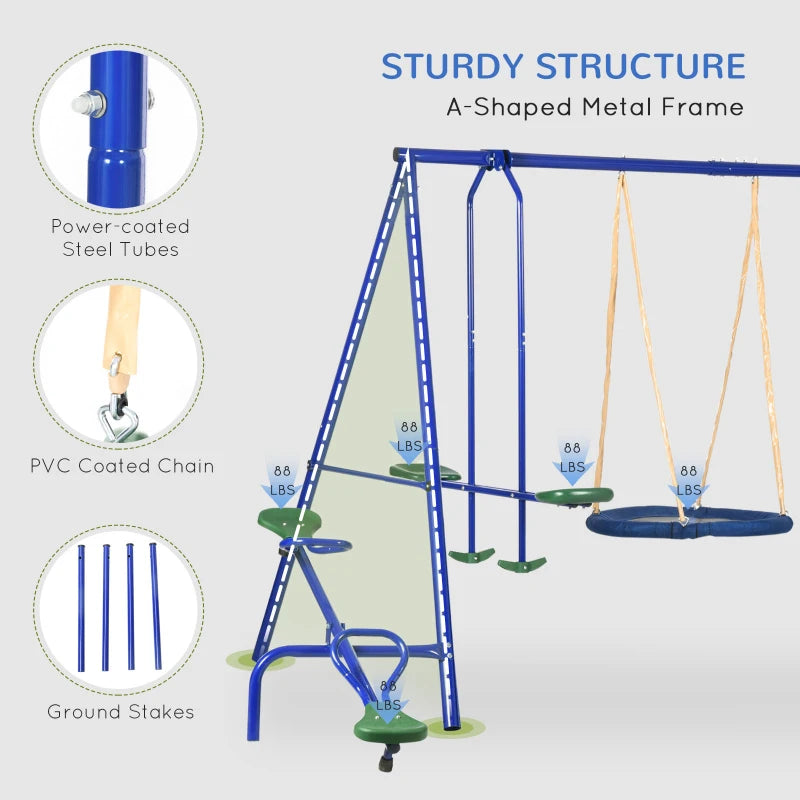 Outsunny 5 In 1 Metal Swing Set for Kids Outdoor, Heavy Duty Frame with Double Swings, Slide, Seesaw, Glider, for Backyard Playground