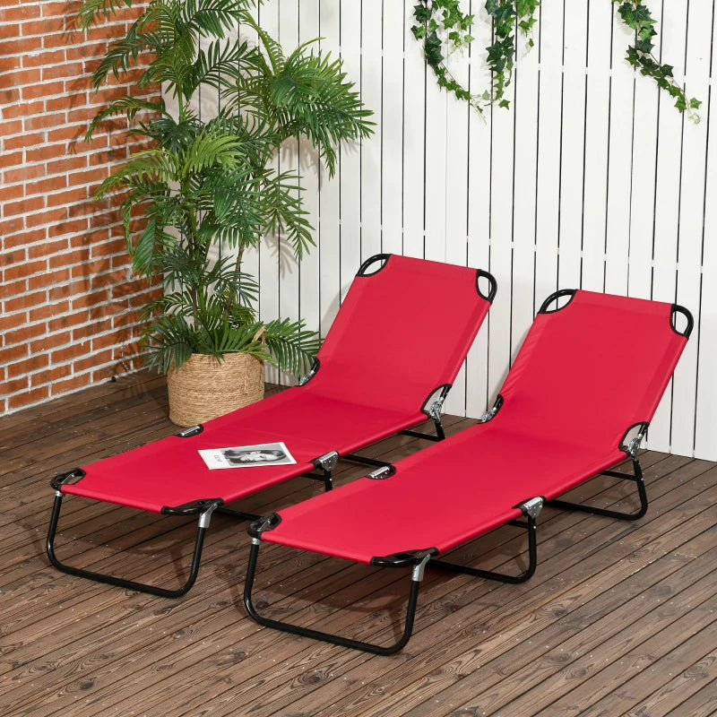 Outsunny Folding Chaise Lounge Pool Chairs, Outdoor Sun Tanning Chairs with Pillow, Reclining Back, Steel Frame & Breathable Mesh for Beach, Yard, Patio, Red