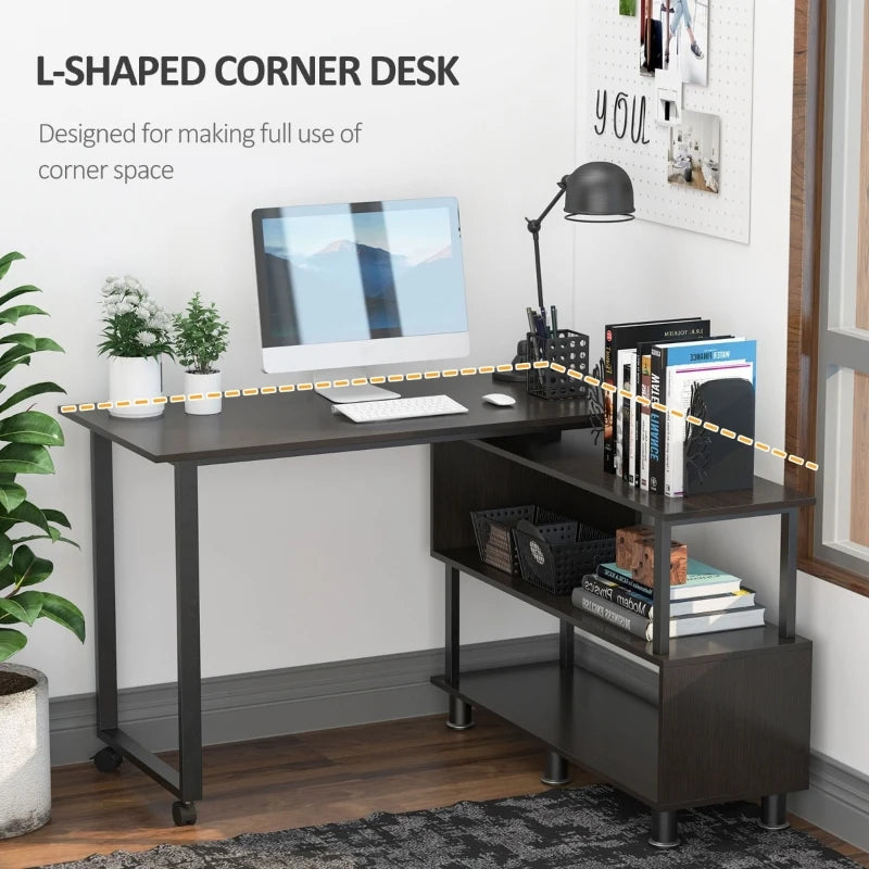 HOMCOM Mobile L-Shaped Rotating Computer Desk with Storage Shelves Moveable Rolling Writing Table Home Office Study Workstation for Home Office, Coffee