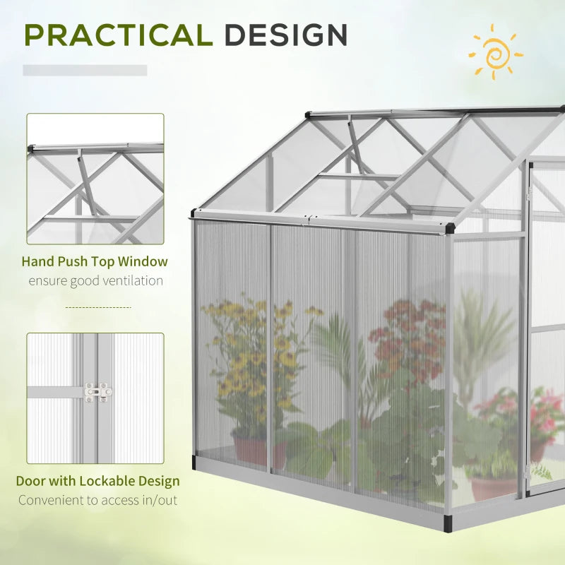 Outsunny 8' L x 6' W Walk-In Polycarbonate Greenhouse with Roof Vent for Ventilation & Rain Gutter, Hobby Greenhouse for Winter