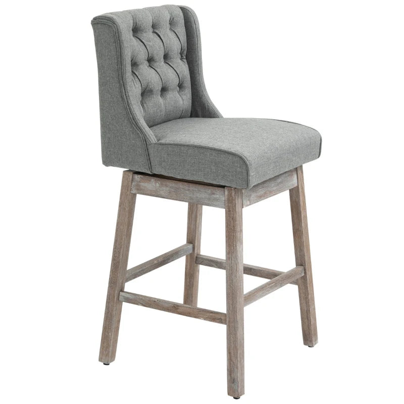 HOMCOM Bar Height Bar Stools Set of 2, 180 Degree Swivel Kitchen Island Stool, 30" Seat Height with Solid Wood Footrests and Button Tufted Design, Gray