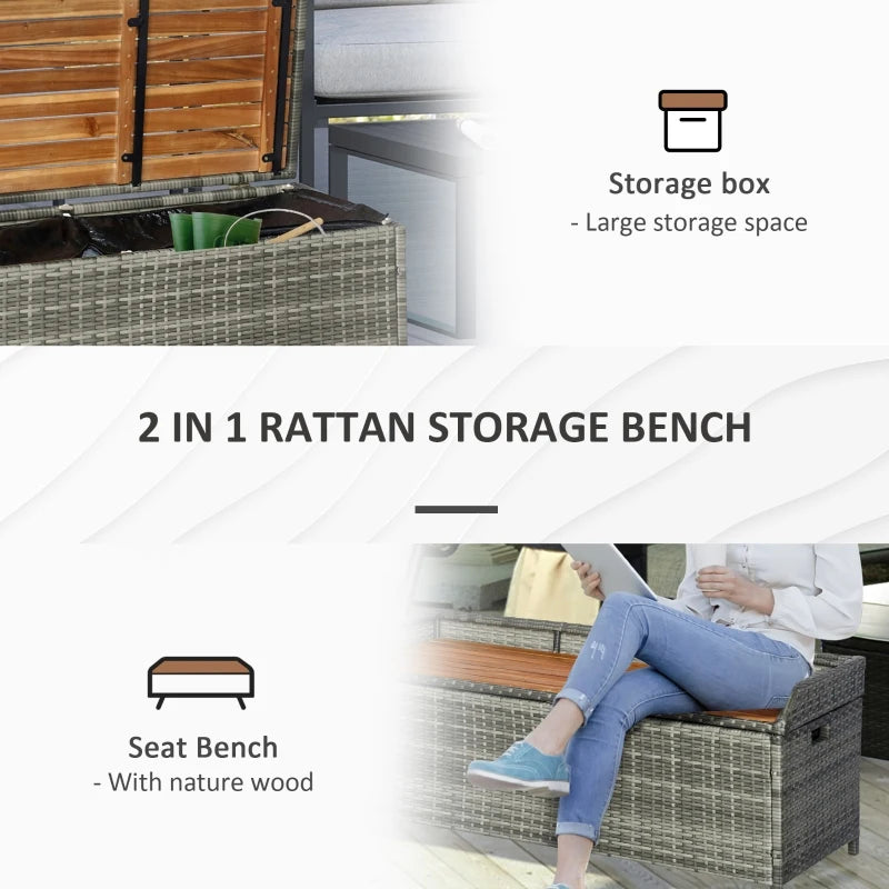 Outsunny Outdoor Storage Bench Wicker Deck Boxes with Wooden Seat, Gas Spring, Rattan Container Bin with Lip, Ideal for Storing Tools, Accessories and Toys, Mixed Grey