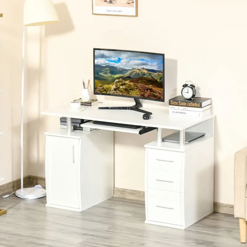 HOMCOM 47 Computer Desk with Keyboard Tray and Storage Drawers Home Office Workstation Table with Storage Shelves White