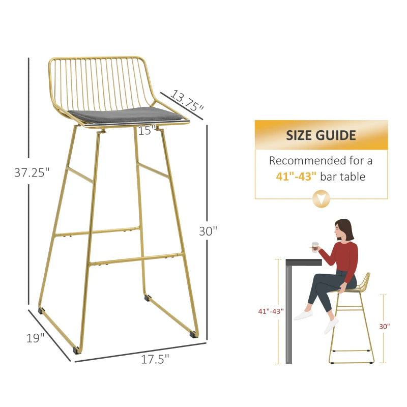 HOMCOM Modern Bar Stools Set of 2, Metal Wire Bar Height Barstools, 30 Inch Bar Chairs for Kitchen with Removable Cushion, Back and Footrest, Gold