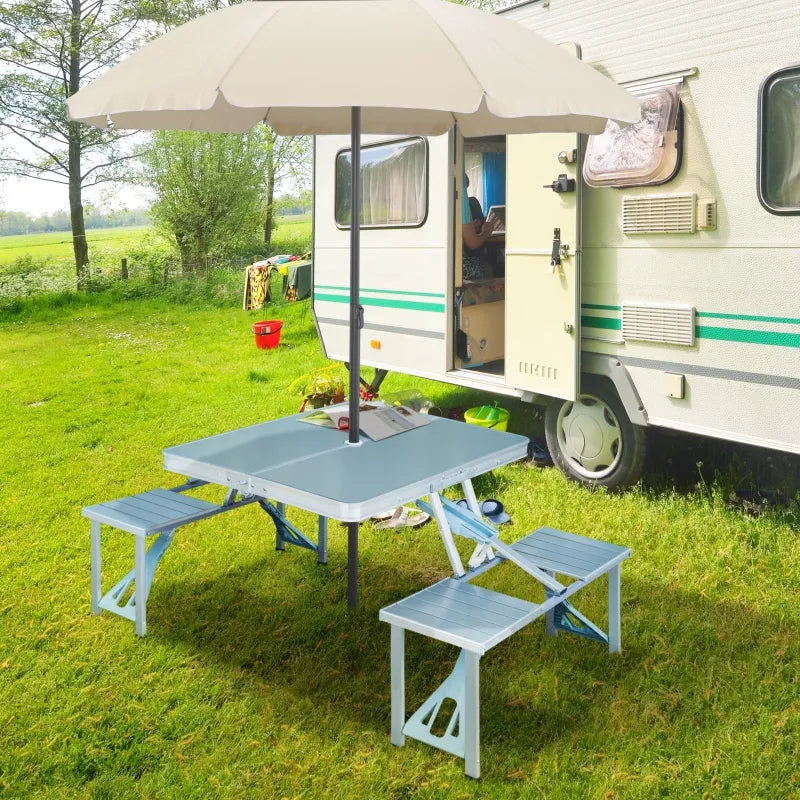 Outsunny 53" Camping Table with 4 seat Plastic Portable Compact Folding Suitcase Picnic Table Set with Umbrella Hole - Green