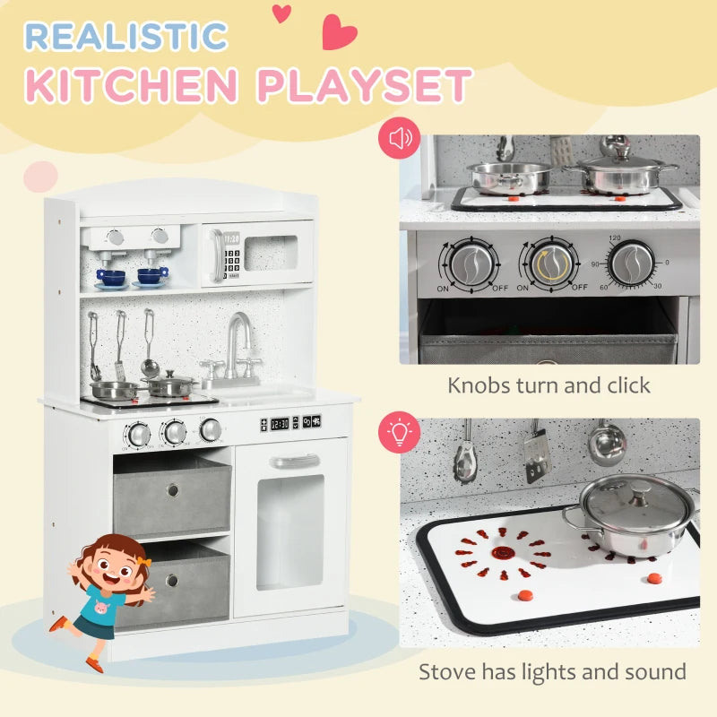 Qaba Wooden Play Kitchen with Realistic Lights and Sounds, Height-Adjustable Kids Kitchen Playset with Microwave, Range Hood, Cooking Accessories, Gift for Ages 3-6, White