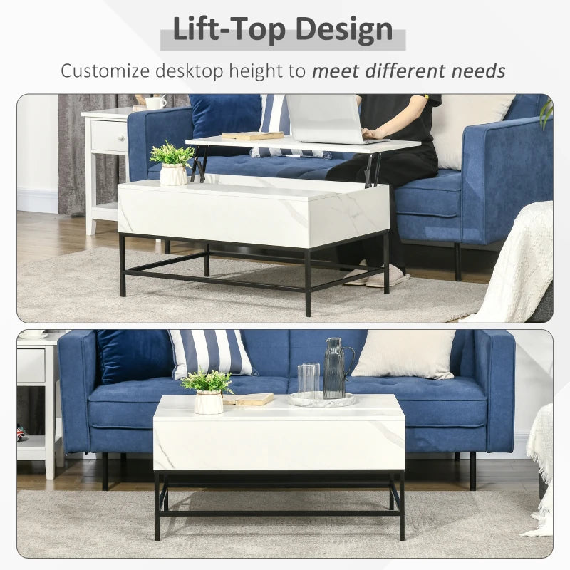 HOMCOM Modern Lift Top Coffee Table with Hidden Storage Compartment and Metal Legs for Living Room, Home Office, White
