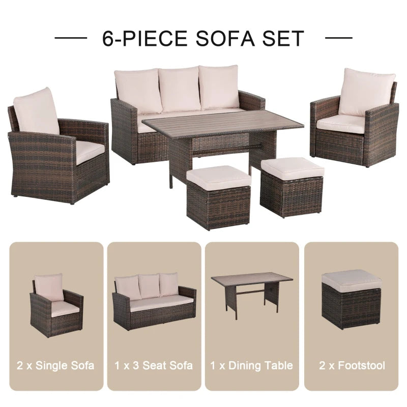 Outsunny 6 PCS Patio Dining Set All Weather Rattan Wicker Furniture Set with Wood Grain Top Table and Soft Cushions, Mixed Grey