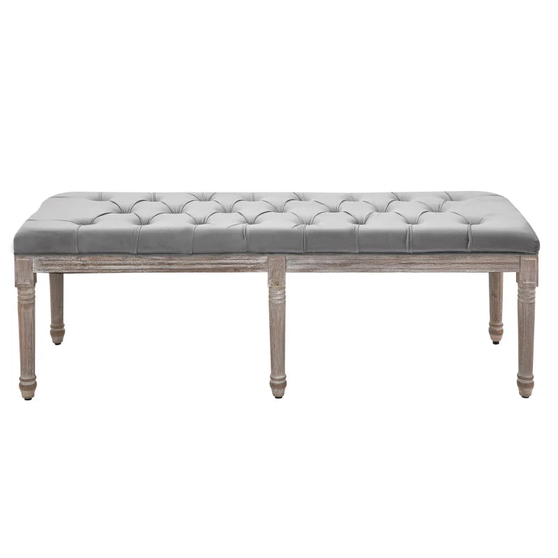 HOMCOM Sitting Bench Tufted Upholstered Fabric Ottoman with Rubberwood Legs for Living Room, Bedroom, Hallway, Grey