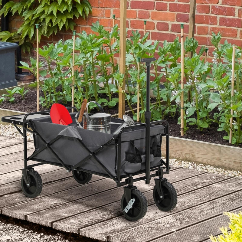 Outsunny Foldable Wagon Garden Carts with Wheels and Side Table, Gray
