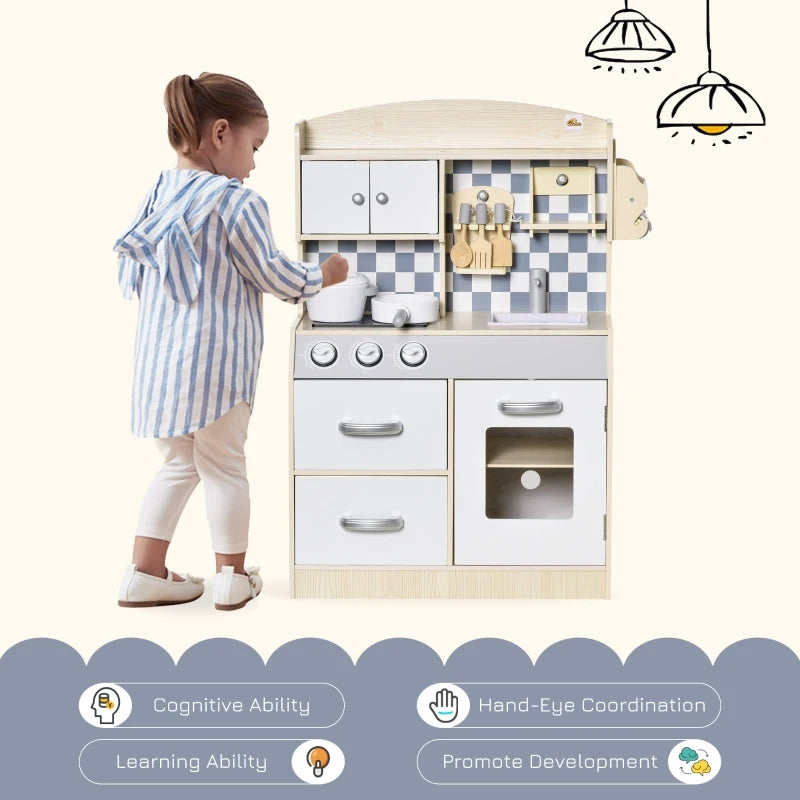 Qaba Wooden Pretend Play Kitchen with Sink, Clock, and Stove for Kids with Real Stainless Steel, Children Cooking Playset for 3-6 Years Old