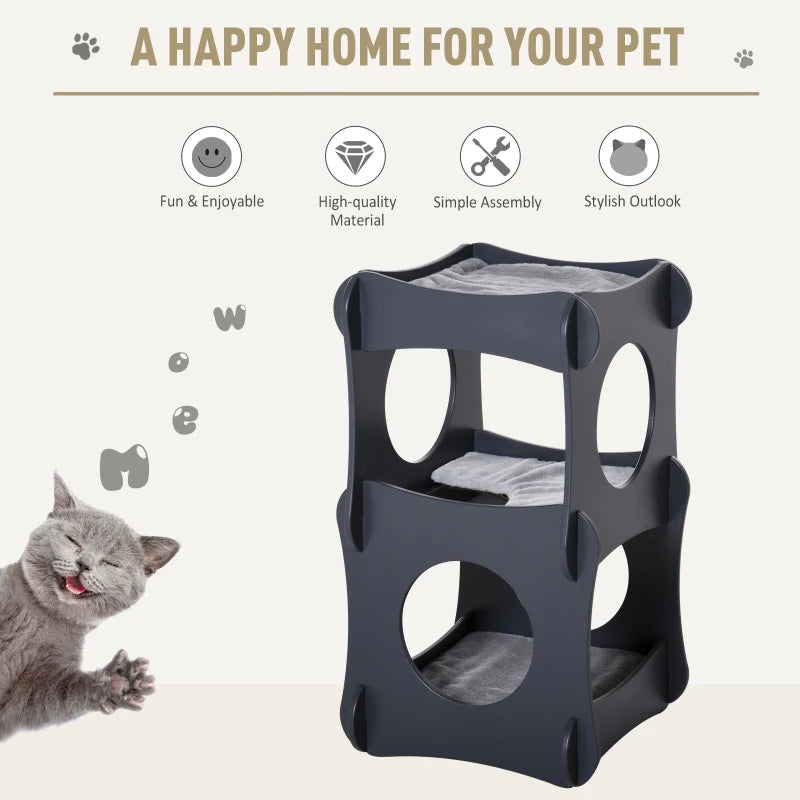 Pawhut Multi-level Wooden Cat House Kitten Bed Furniture with Removable Soft Cushion for Rest - Dark Grey