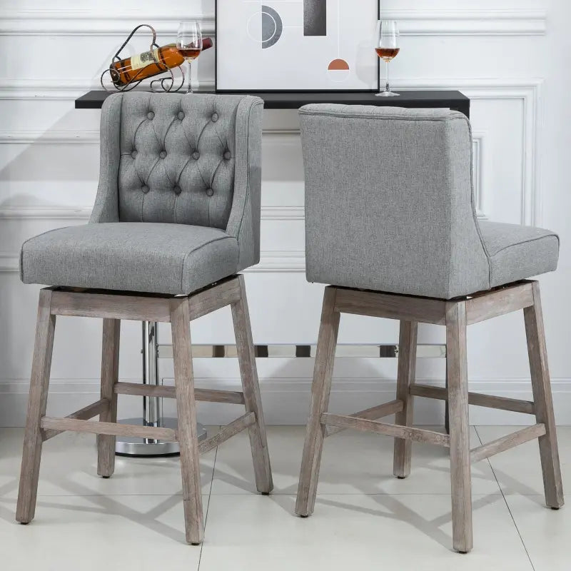 HOMCOM Bar Height Bar Stools Set of 2, 180 Degree Swivel Kitchen Island Stool, 30" Seat Height with Solid Wood Footrests and Button Tufted Design, Grey