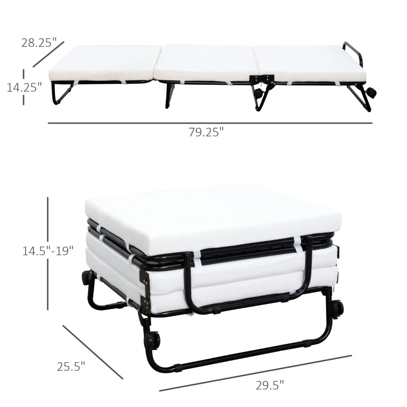HOMCOM Portable Folding Bed, Single Guest Bed Convertible Sleeper Ottoman with Wheels, Mattress for Bedroom & Office, White
