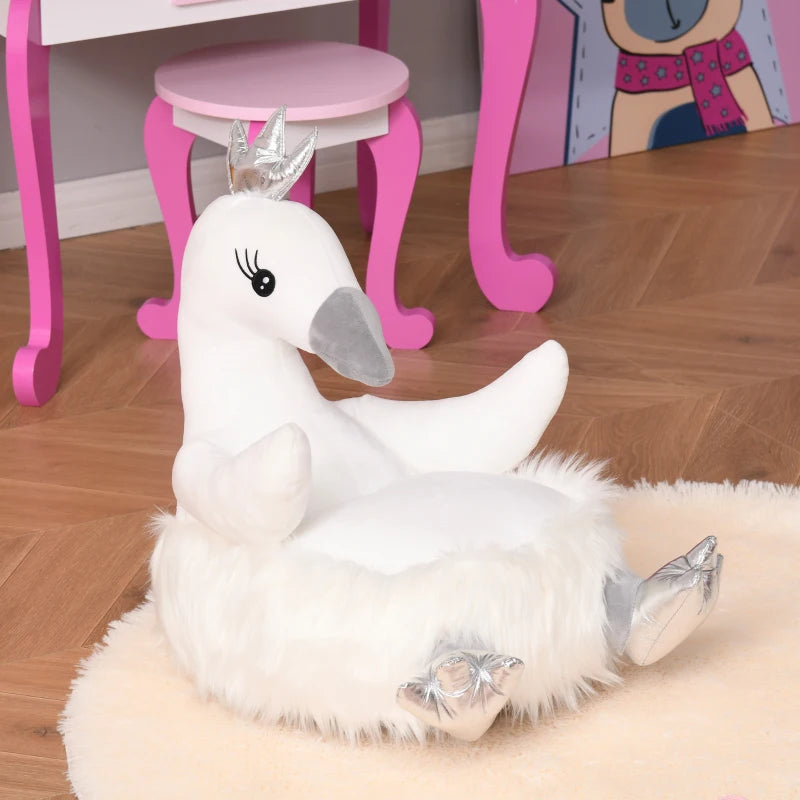 Qaba Stuffed Animal Sofa Armrest Chair Cartoon Storage Bean Bag Chair for Kids with Cute Swan Flannel PP Cotton, White