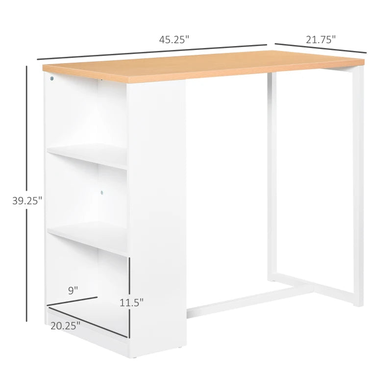 HOMCOM Bar Table with 3-Tier Storage Shelf, Pub Desk, Metal Frame, and Thick Tabletop for Kitchen, White