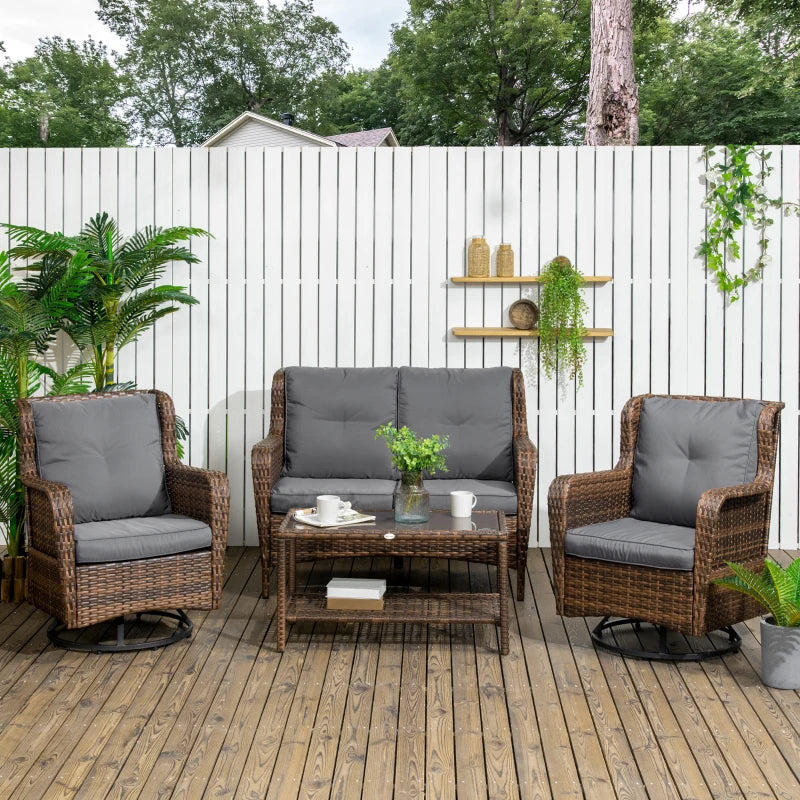 Outsunny 4 Piece PE Wicker Patio Furniture Set, Conversation Set with 2 360° Swivel Rocking Armchairs, 1 Loveseat Sofa, Thick Cushions and Glass Table Top Table, Gray