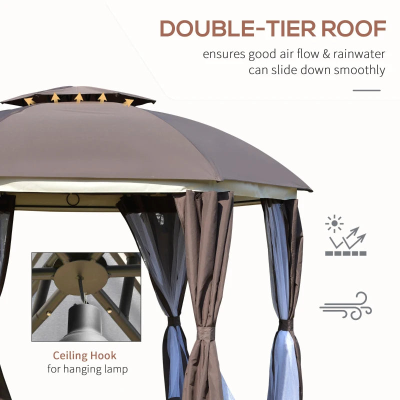 Outsunny 12' x 12' Round Outdoor Gazebo, Patio Dome Gazebo Canopy Shelter with Double Roof, Netting Sidewalls and Curtains, Zippered Doors, Strong Steel Frame, Grey