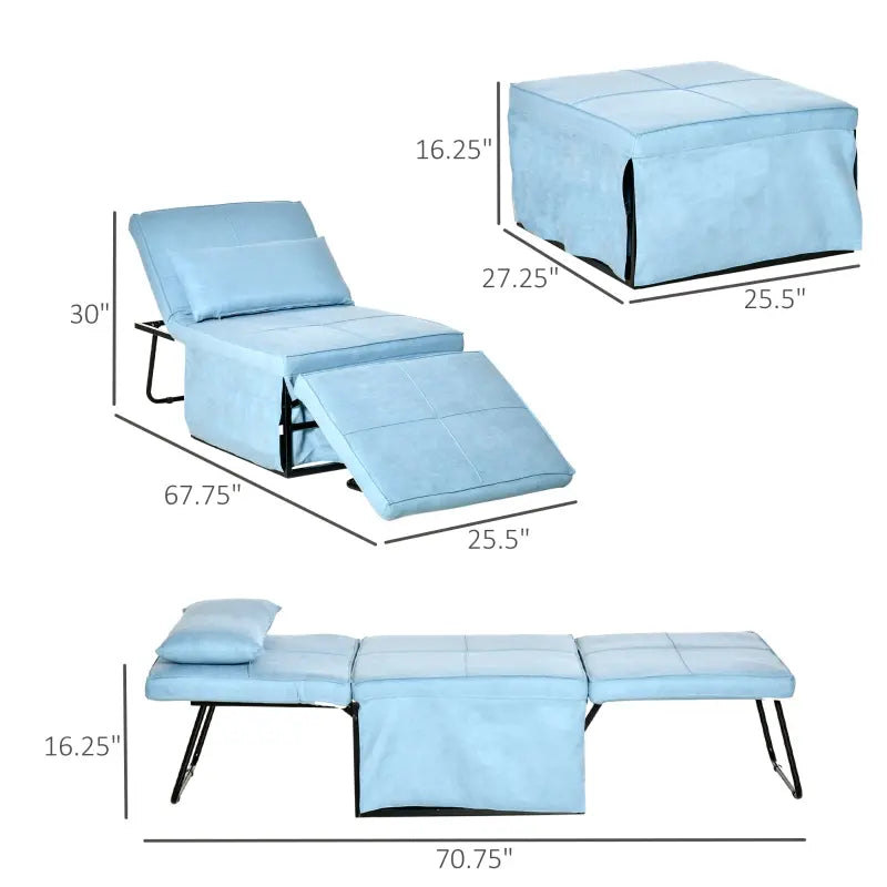 HOMCOM 4-in-1 Multi Function Folding Single Sofa Bed with Retractable Footrest, Convertible Sleeper with Adjustable Backrest For Living Room and Small Spaces, Light Blue