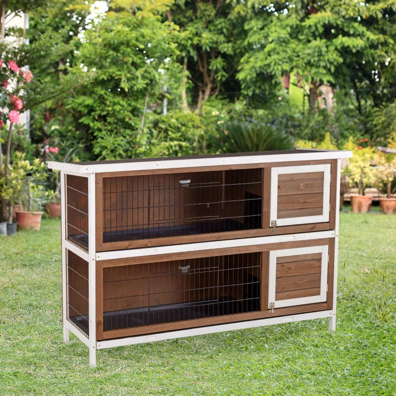 PawHut Wooden Rabbit Hutch w/ Dividers Asphalt Roof for Small Animals & Outdoors, Brown