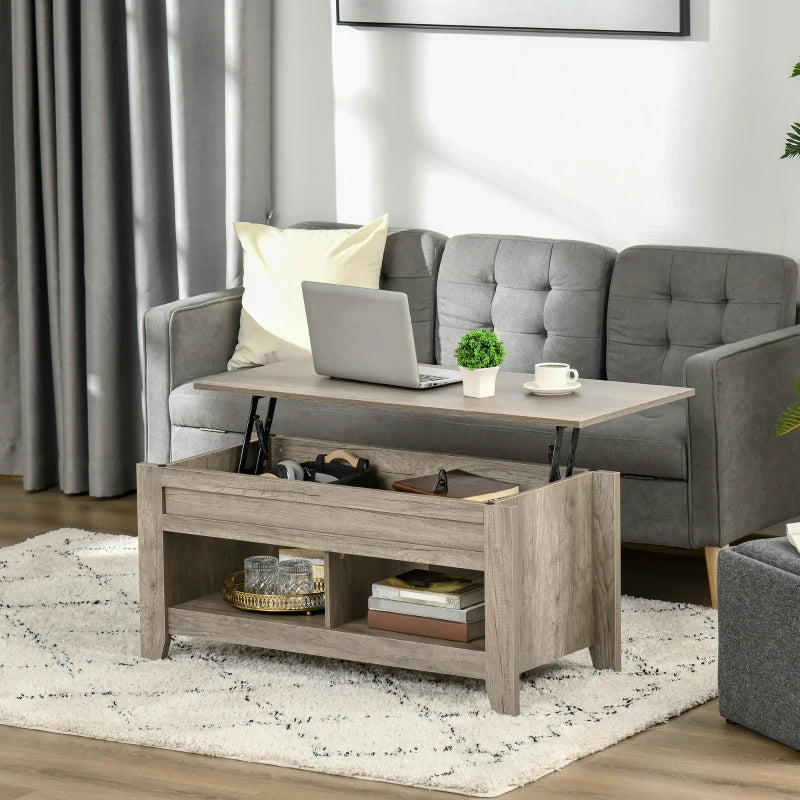 HOMCOM 42" Lift Top Coffee Table with Hidden Storage Compartment and Open Shelves, Lift Tabletop Pop-Up Accent Table for Living Room, Oak Wood Grain