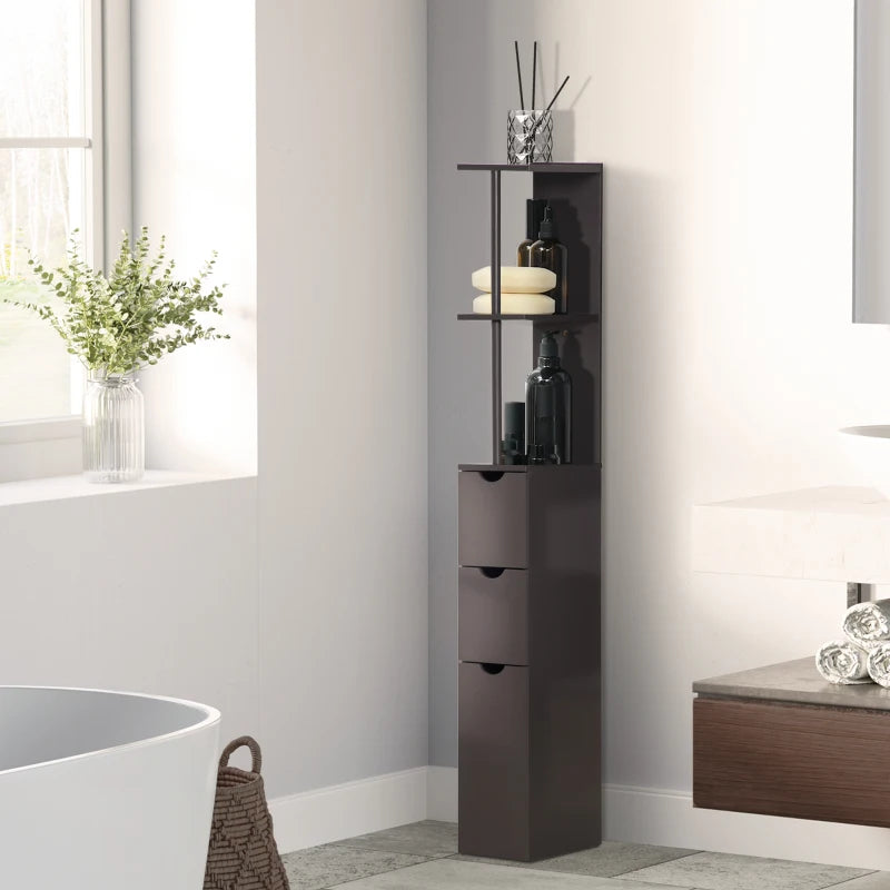 HOMCOM 54" Tall Bathroom Storage Cabinet, Freestanding Linen Tower with 2-Tier Shelf and Drawers, Narrow Side Floor Organizer, Brown