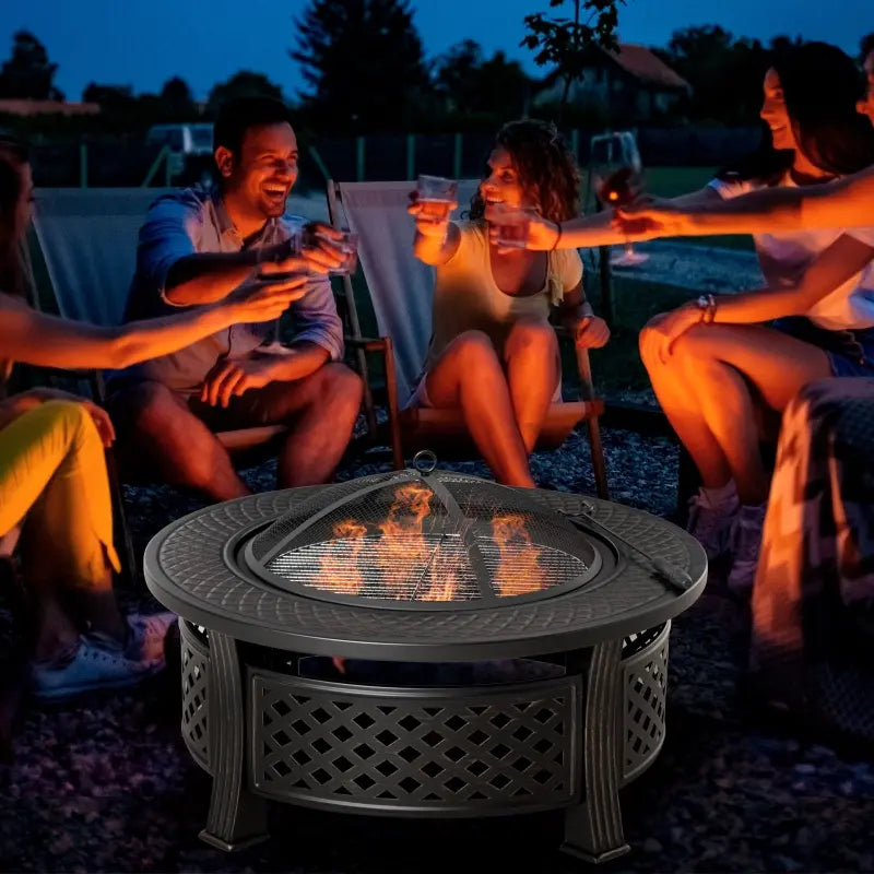Outsunny 30" Outdoor Fire Pit Grill, Portable Steel Wood Burning Bowl, Cooking Grate, Poker, Spark Screen Lid for Patio, Backyard, BBQ, Camping, Bronze Colored