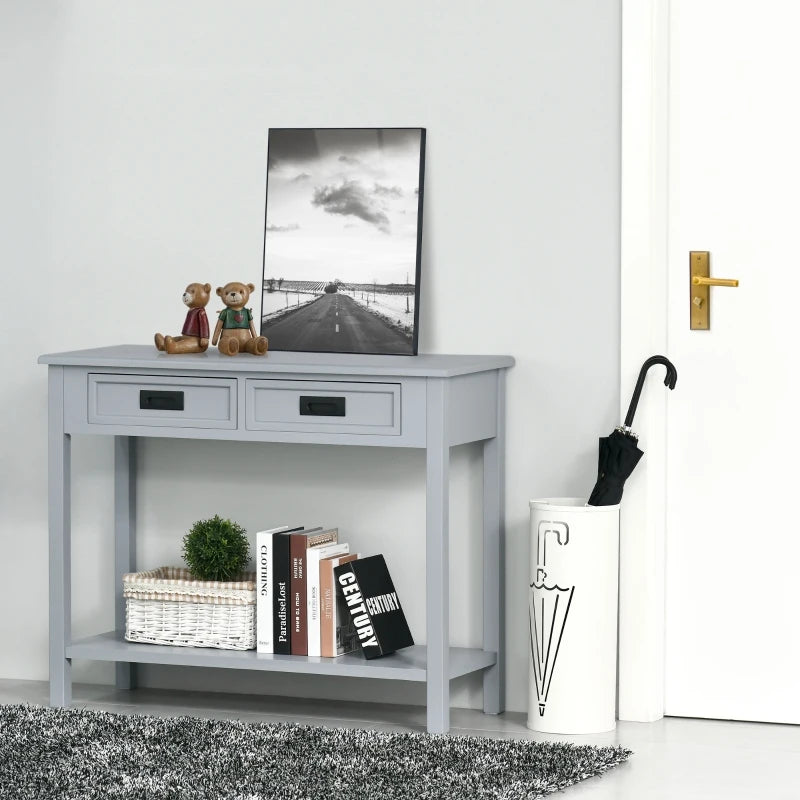 HOMCOM Console Table with 2 Storage Drawers and Open Shelf Sofa Table for Hallway, Grey