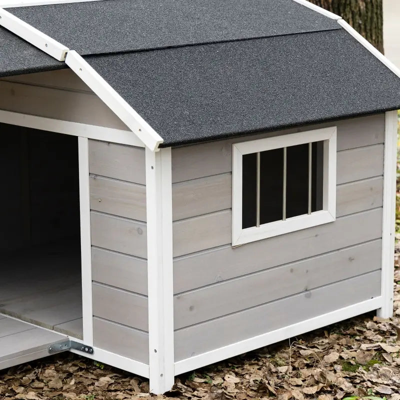PawHut Outdoor Wooden Dog House Cabin Style, Weatherproof Raised Pet Kennel with Asphalt Roof, Front Door, Side Windows, Deck for Medium/Large Dogs, Grey