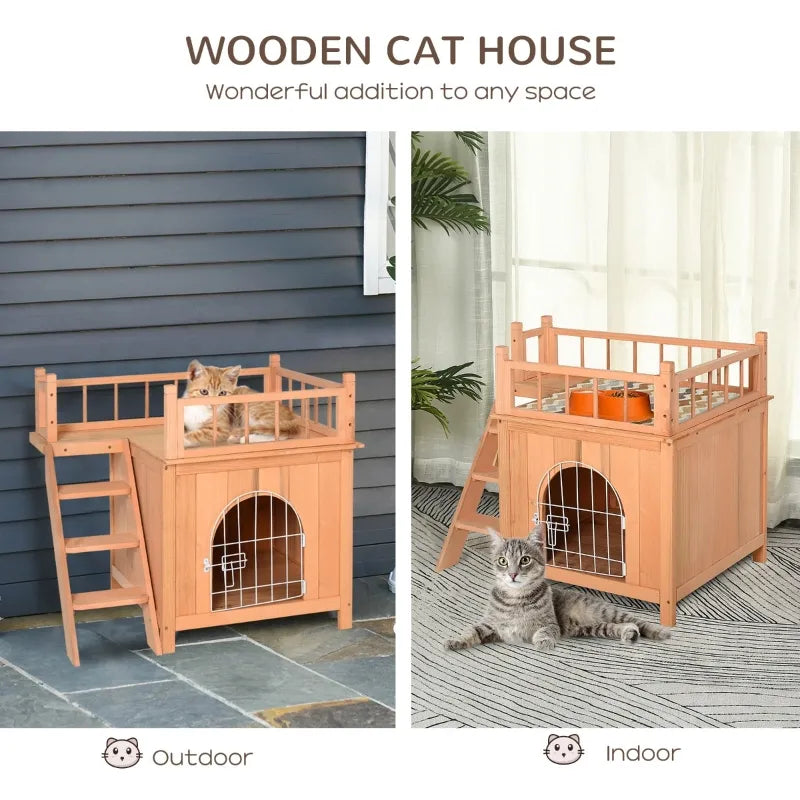 PawHut Outdoor Cat House, 2-Story Shelter, Wooden Kitten Condo with Asphalt Roof, Stairs, Balcony, 30" x 20" x 29", Natural