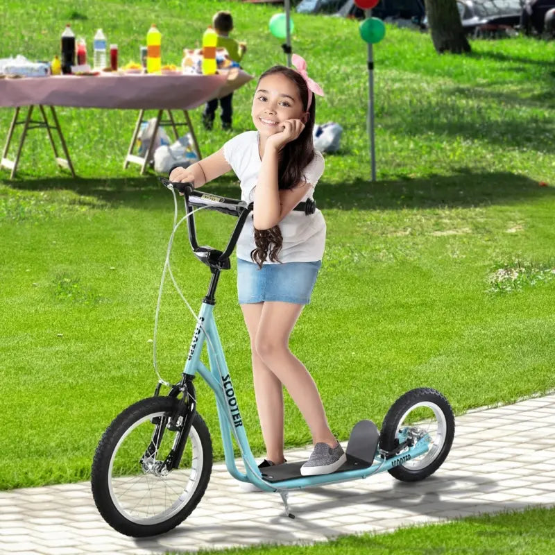 ShopEZ USA Teens Youth Scooter Ride On Toy with Adjustable Handlebar, Dual Brakes, and Inflatable Wheels For Kids 5+ - Blue