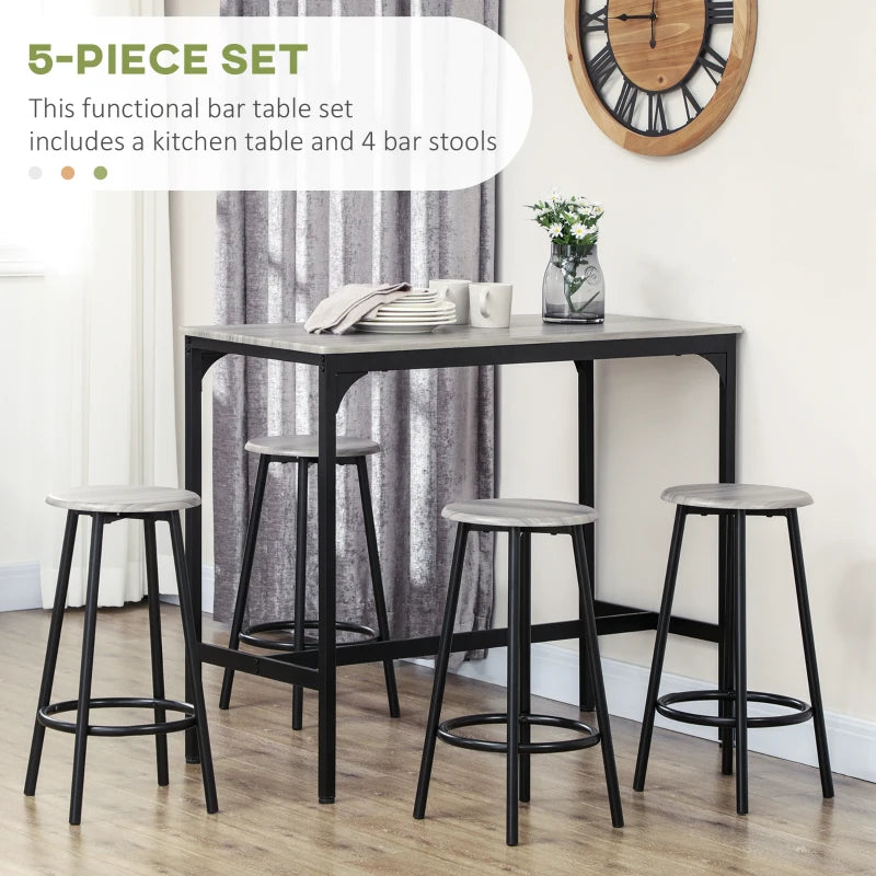HOMCOM 5-Piece Counter Height Bar Table and Chairs Set, Bar Table with Stools, Kitchen Table 4 Chairs, Rustic Brown