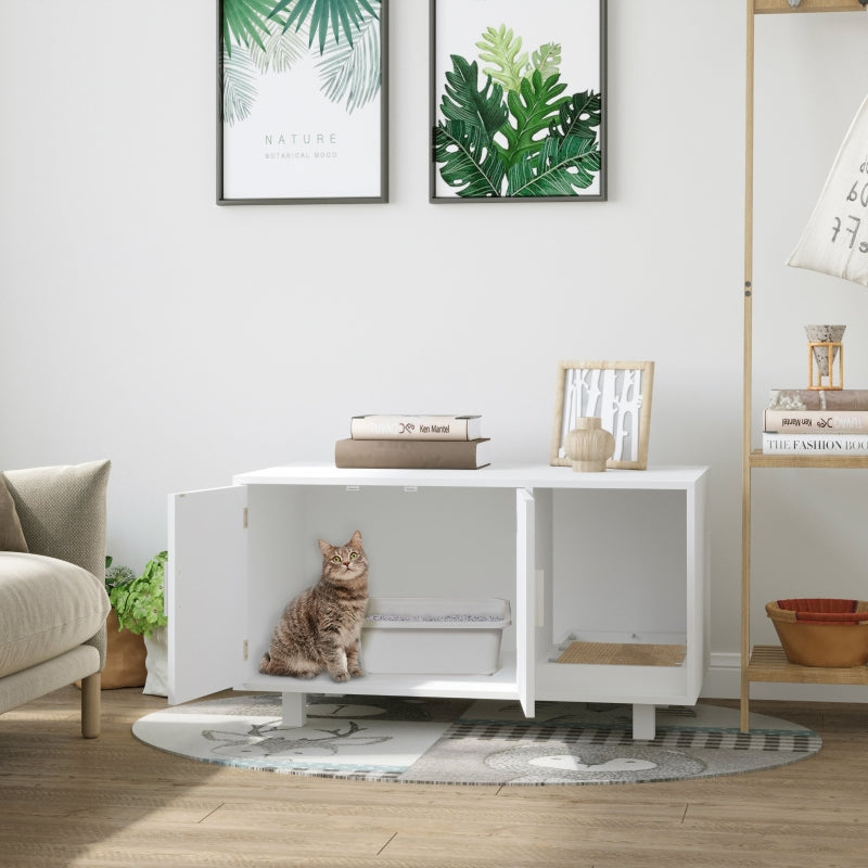 PawHut Indoor Feline Cat Box Furniture Kitty Table w/ Scratch & Magnetic Doors  Brown