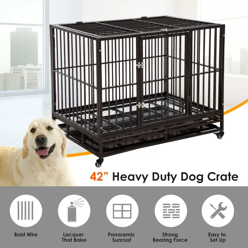 PawHut 42" Heavy Duty Steel Dog Crate Kennel Pet Cage with Wheels - Brown Vein