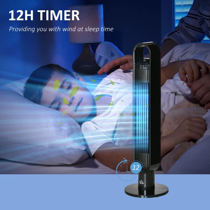 HOMCOM 37.75" Tower Fan Cooling for Bedroom with 3 Speeds, 12H Timer, 70°  Oscillating, LED Panel, and Remote Control, Black