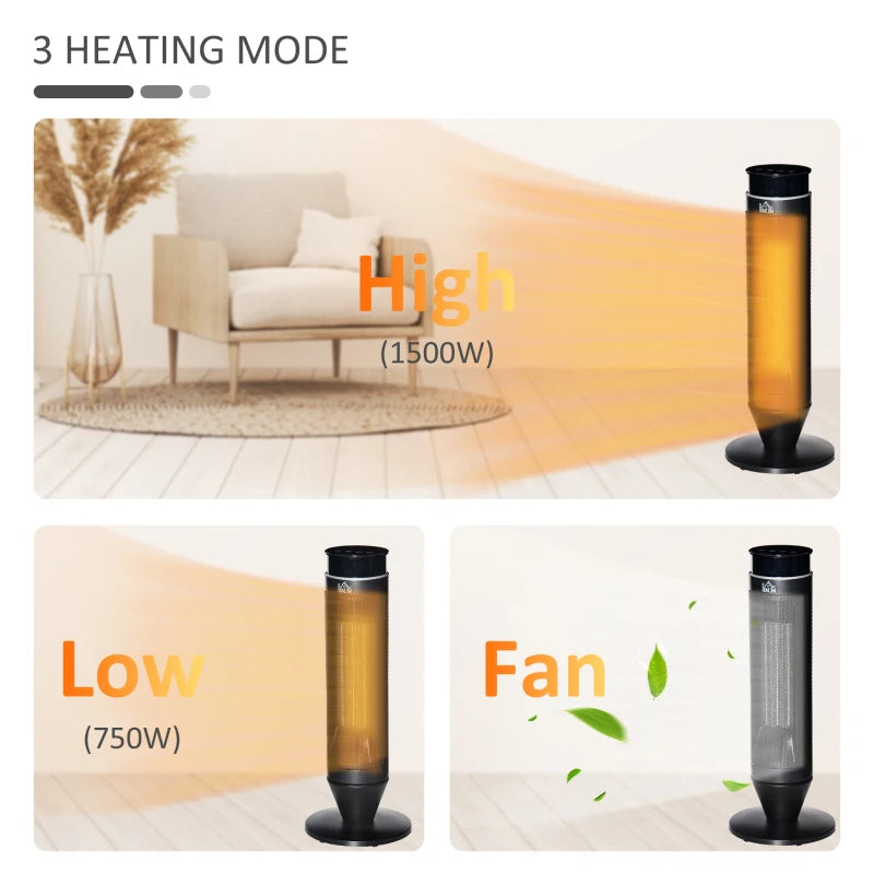 HOMCOM 2-In-1 Tower Heater, Indoor Electric Space Heater with Oscillation, Remote Control, 8H Timer, Three Heating Modes(High, Low, Fan), 750W/1500W