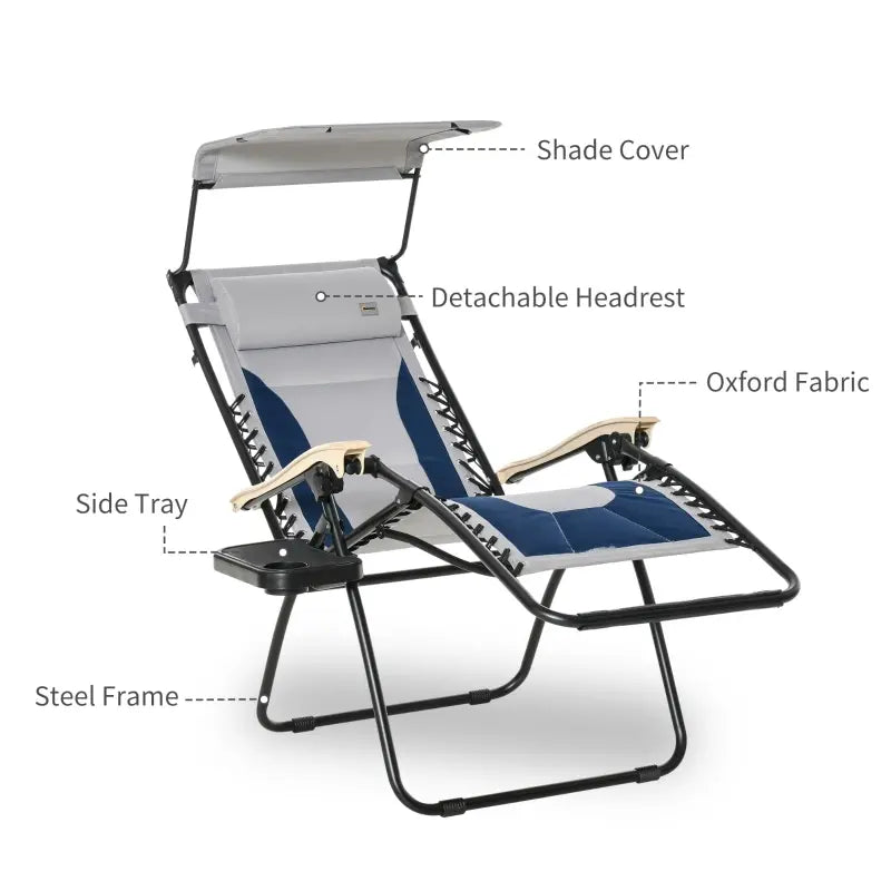 Outsunny Folding Zero Gravity Outdoor Recliner Patio Lounge Chair, Canopy Sun Shade, Headrest, Table Tray, Oxford Fabric, Blue
