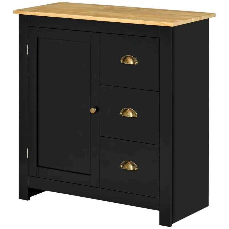 HOMCOM Modern Kitchen Cabinet, Storage Sideboard, Buffet Table with Rubberwood Top, 3 Drawers and Cabinet with Adjustable Shelf, Black