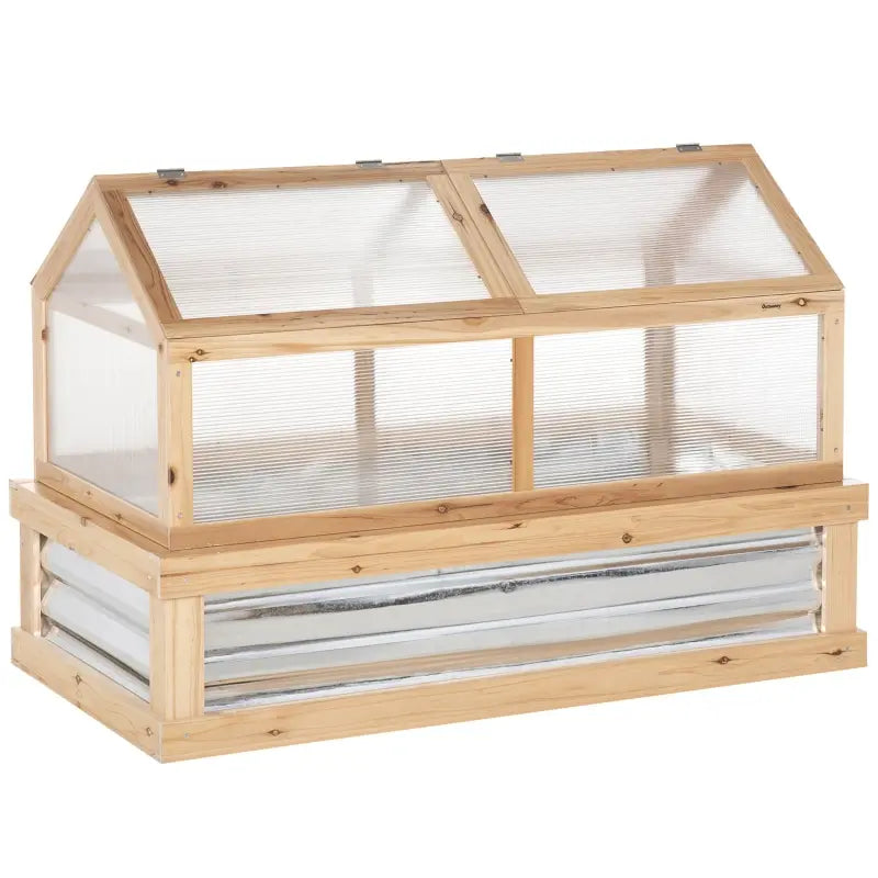 Outsunny Raised Garden Flower Bed Kit w/ Greenhouse, Wooden Cold Frame Planter, Natural