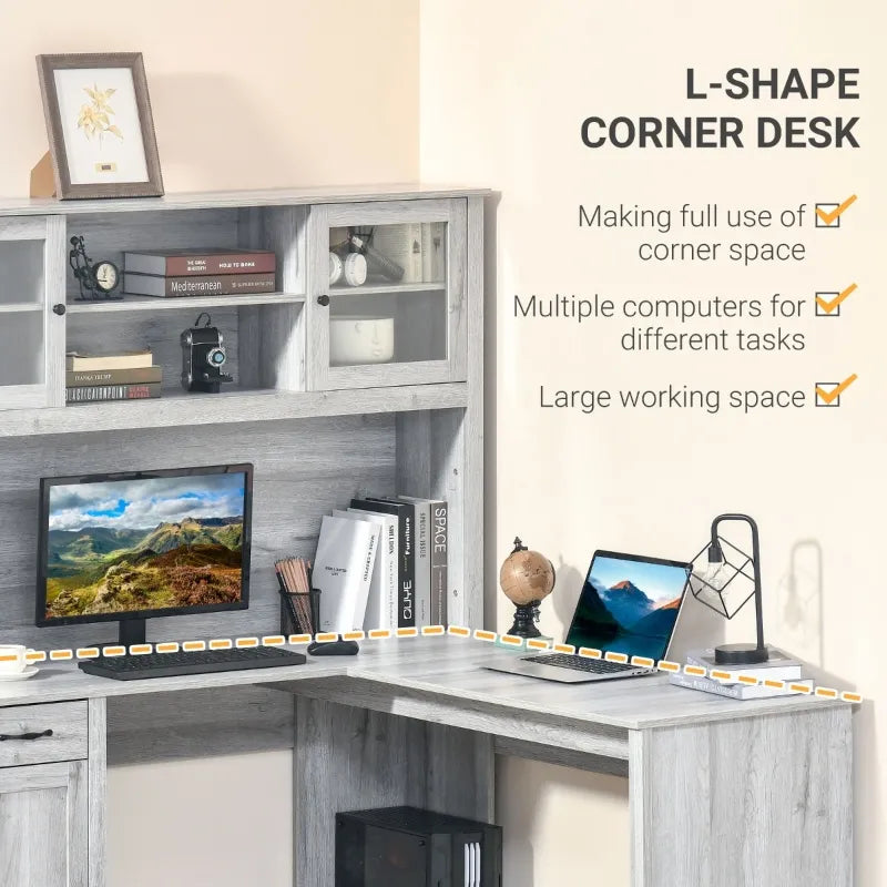 HOMCOM L-Shaped Desk with Hutch, Computer Desk with Drawers, Home Office Corner Desk Study Workstation Table with Storage Cabinets Shelves, Grey