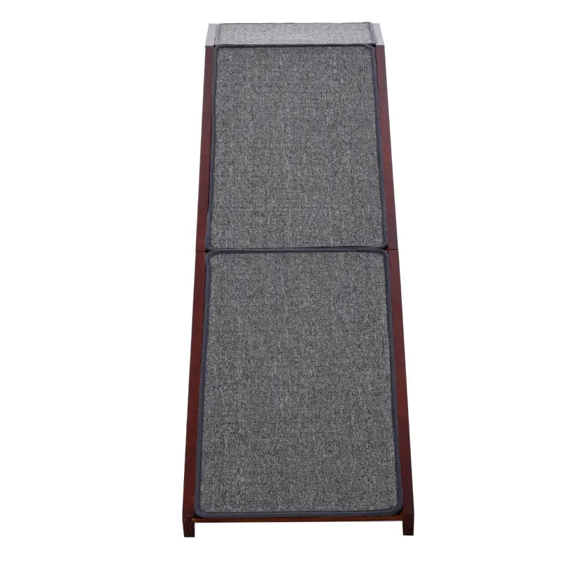 PawHut Pet Ramp for Dogs Non-slip Carpet Top Platform Pine Wood Steps for Dogs Cats Brown Grey 69.75"L x 16"W x 25"H,