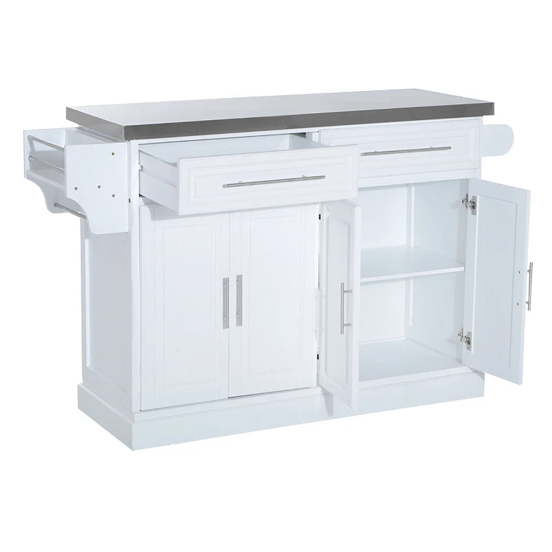 HOMCOM Rolling Kitchen Island with Storage, Portable Kitchen Cart with Stainless Steel Top, 2 Drawers, Spice, and Towel Rack and Cabinets, White
