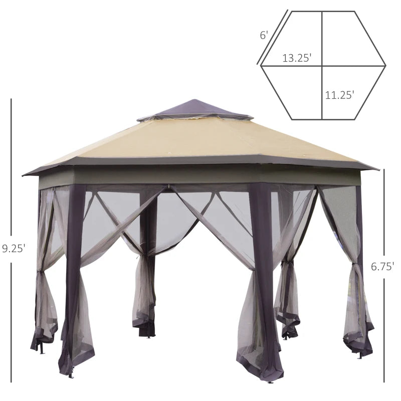 Outsunny 12' x 12' Round Outdoor Gazebo, Patio Dome Gazebo Canopy Shelter with Double Roof, Netting Sidewalls and Curtains, Zippered Doors, Strong Steel Frame, Brown