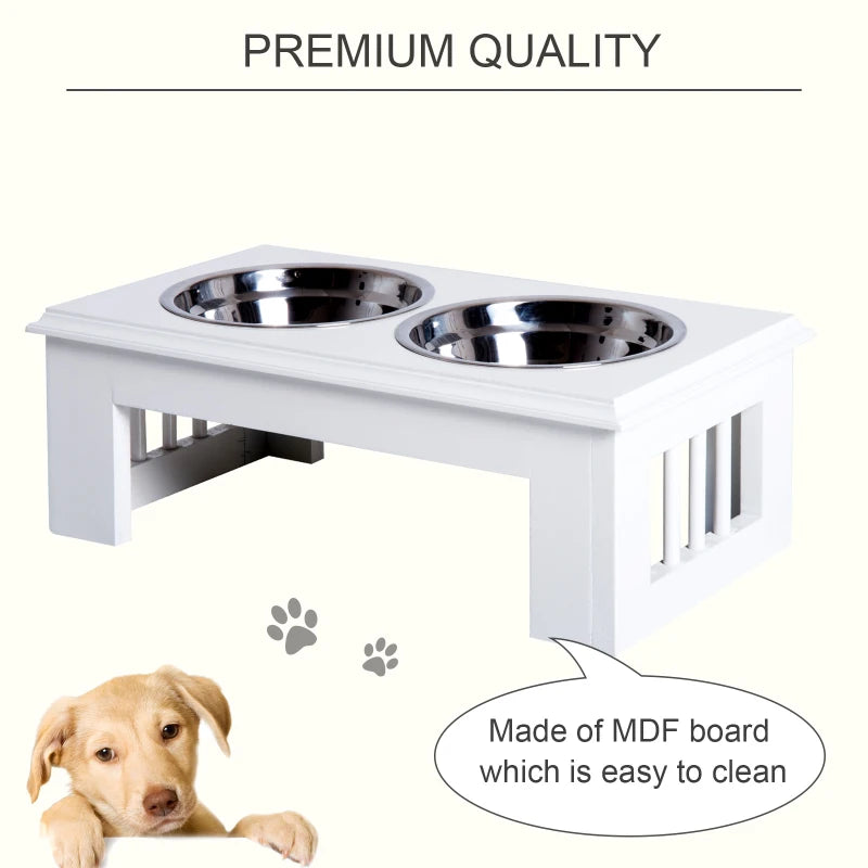 PawHut 17 Durable Wooden Dog Pet Feeding Station with 2 Included Food Bowls & A Non-Slip Base, White