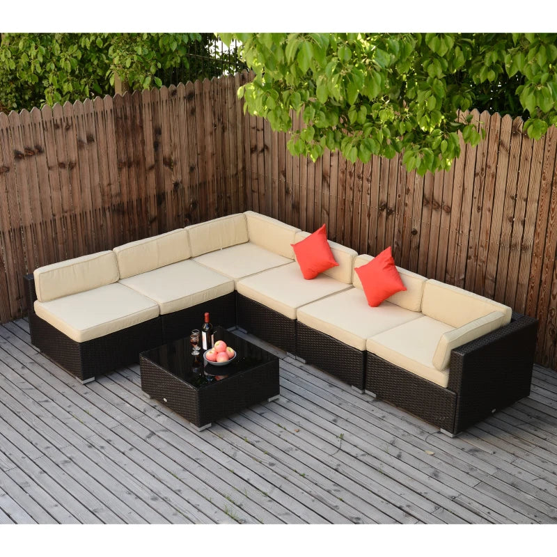 Outsunny 7 Piece Outdoor Patio Furniture Set, PE Rattan Wicker Sectional Sofa Set with Buckling Couch Cushions, Throw Pillows & Coffee Table, Dark Brown, Beige, Orange