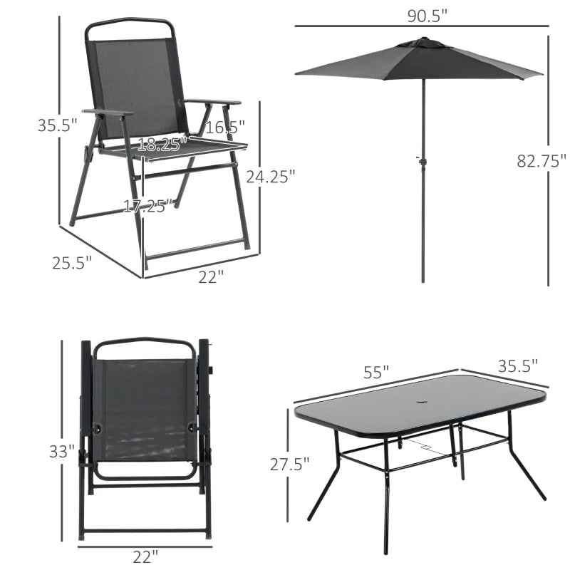Outsunny 8 Piece Patio Dining Set with Table Umbrella, 6 Folding Chairs and Rectangle Dining Table, Outdoor Patio Furniture Set, Black
